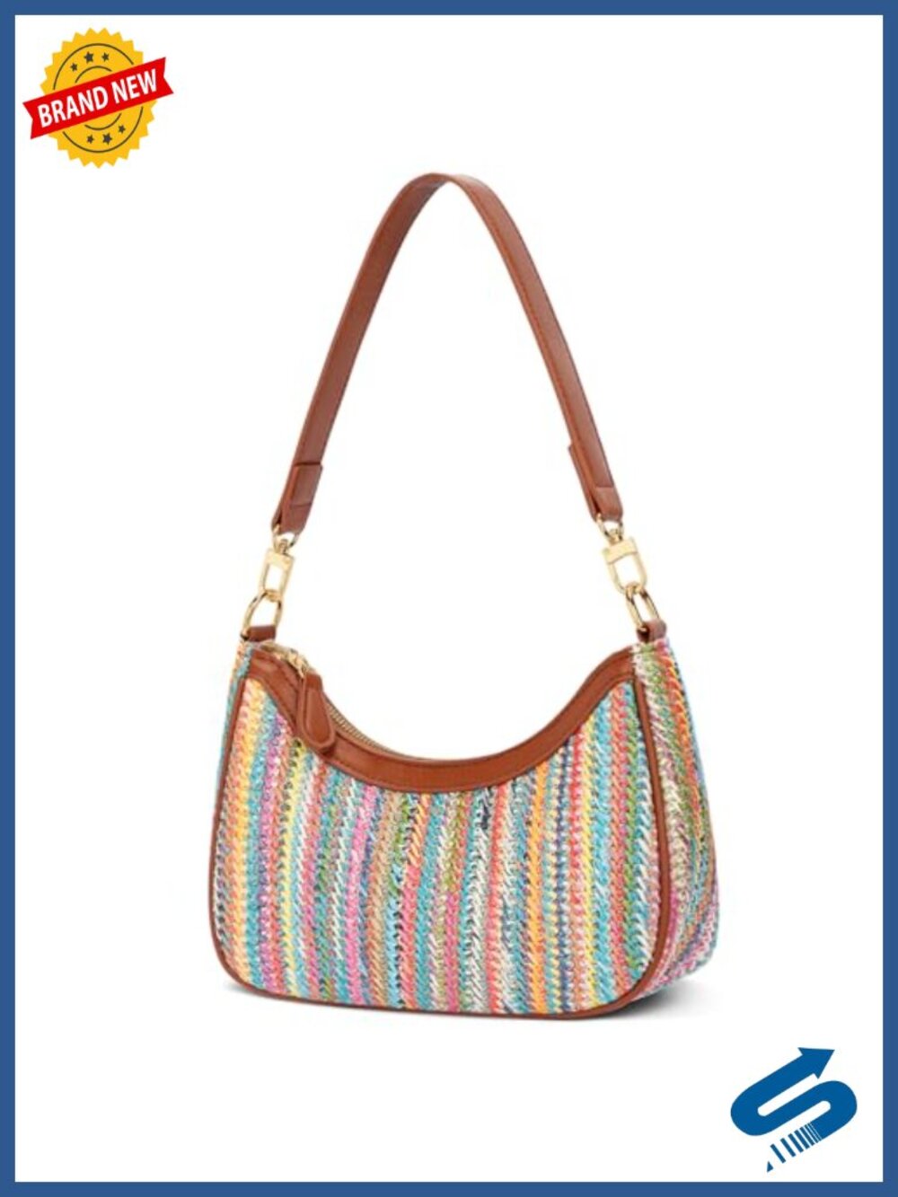 Woven Hobo Shoulder Bag with Gold Chain - Faux Leather Straw Purse Summer Beach